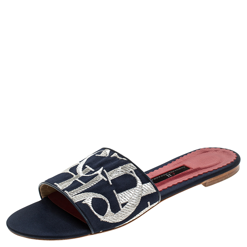 Carolina Herrera Tri Color Logo Satin Flat Slides Size 39