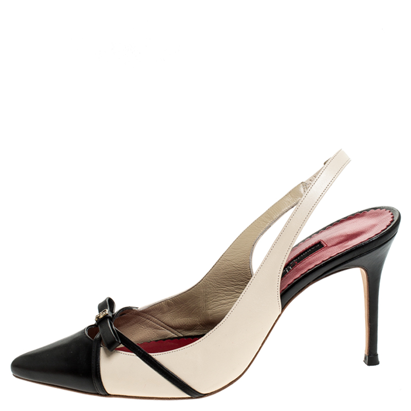 

Carolina Herrera Beige/Black Leather Bow Pointed Toe Slingback Pumps Size