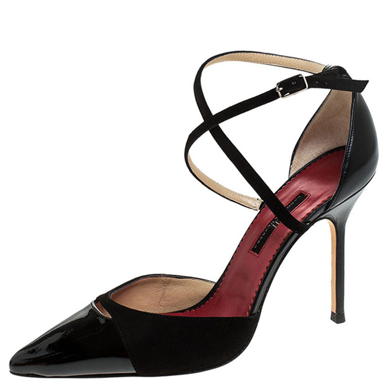 Carolina Herrera Black Suede and Patent Leather Criss Cross Ankle Strap ...