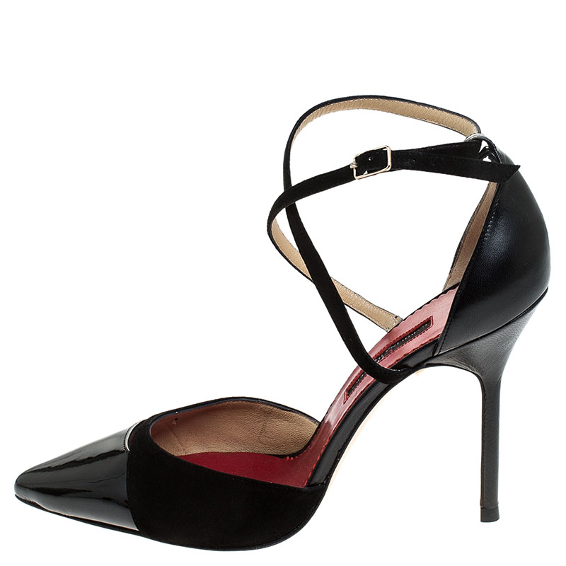 

Carolina Herrera Black Suede and Patent Leather Criss Cross Ankle Strap Pumps Size