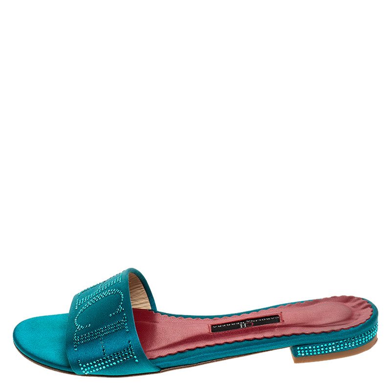 

Carolina Herrera Teal Satin Logo Embellished Flat Slides Size, Green