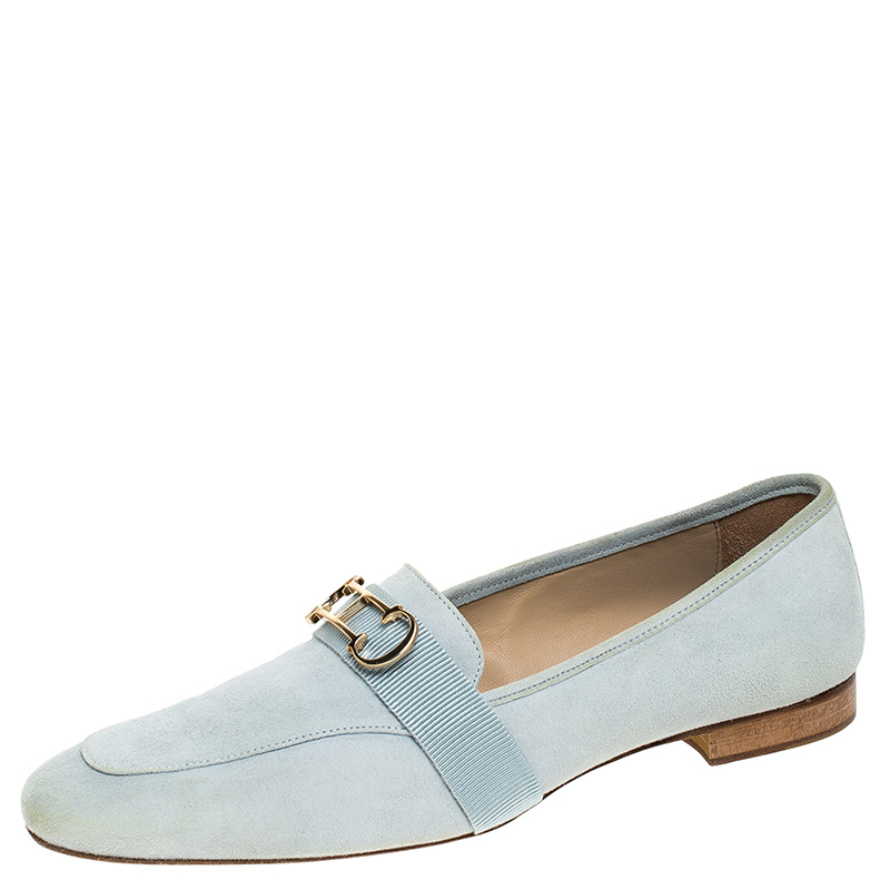Carolina Herrera Blue Suede Logo Detail Slip On Loafers Size 40