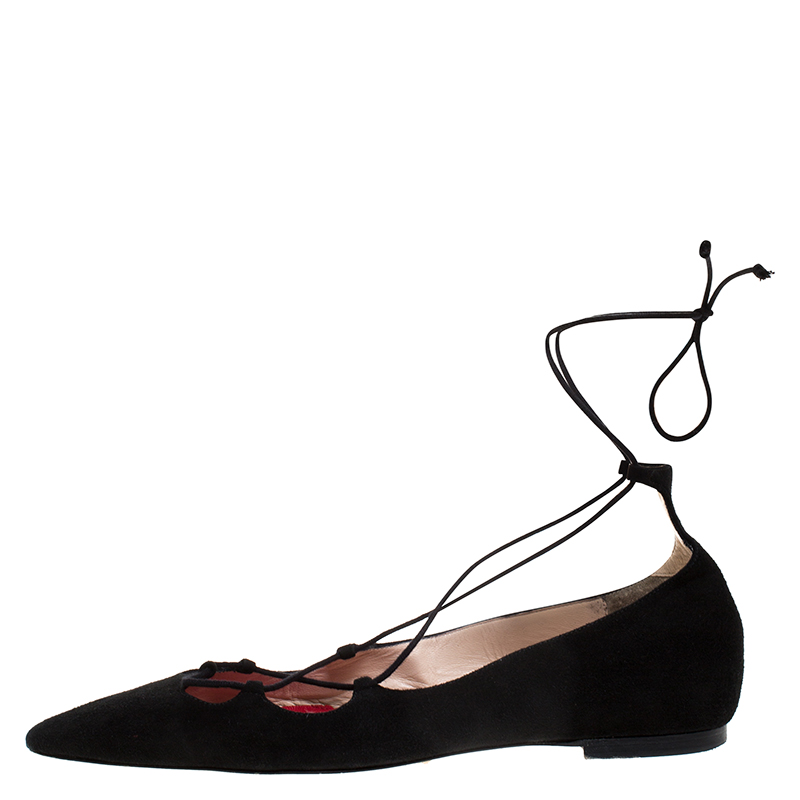 

Carolina Herrera Black Suede Leather Ankle Wrap Pointed Toe Flats Size