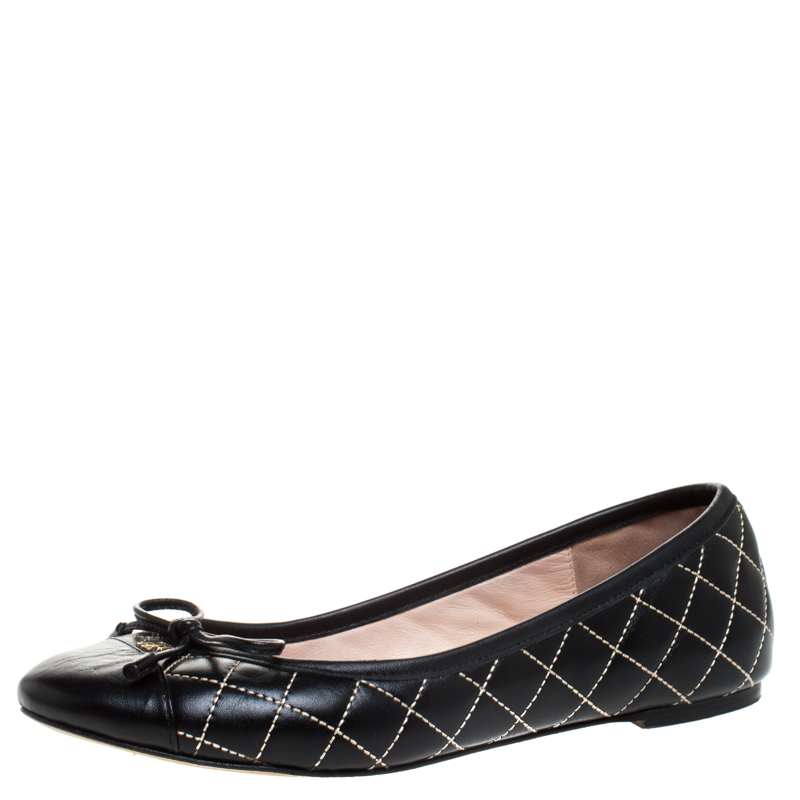 Pre Owned Carolina Herrera Black Quilted Leather Bow Ballet Flats Size 37