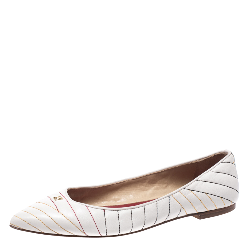 Pre Owned Carolina Herrera White Leather Stitch Detail Pointed Toe Ballet Flats Size 39