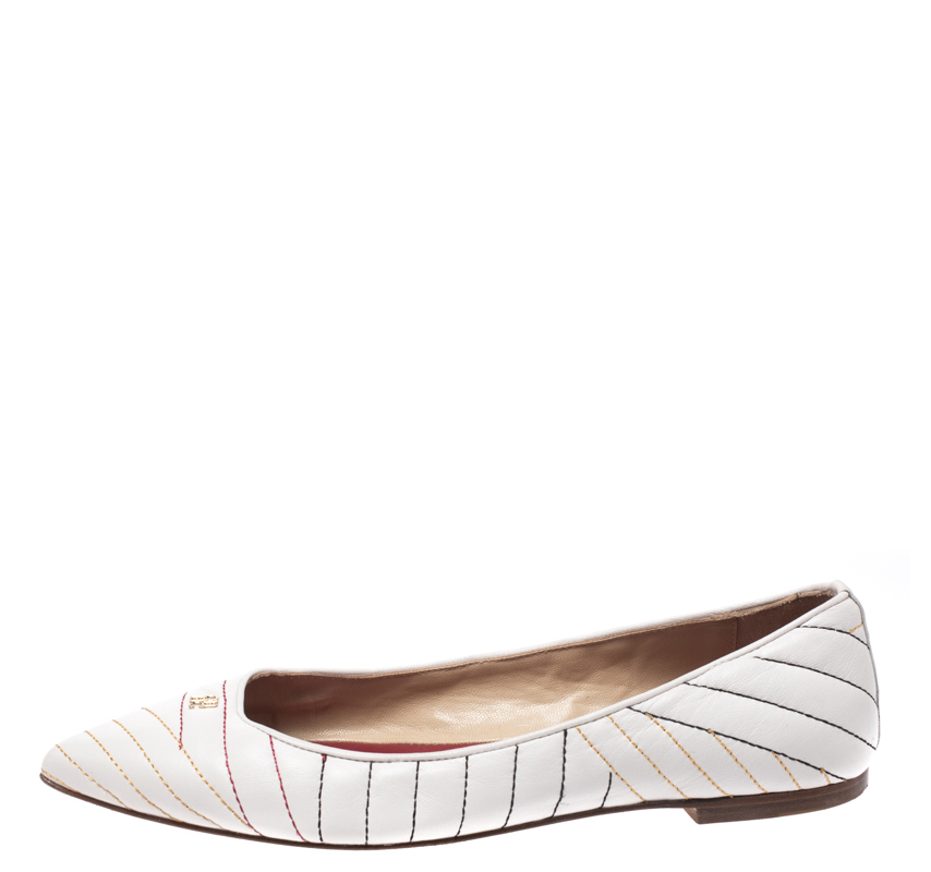 

Carolina Herrera White Leather Stitch Detail Pointed Toe Ballet Flats Size
