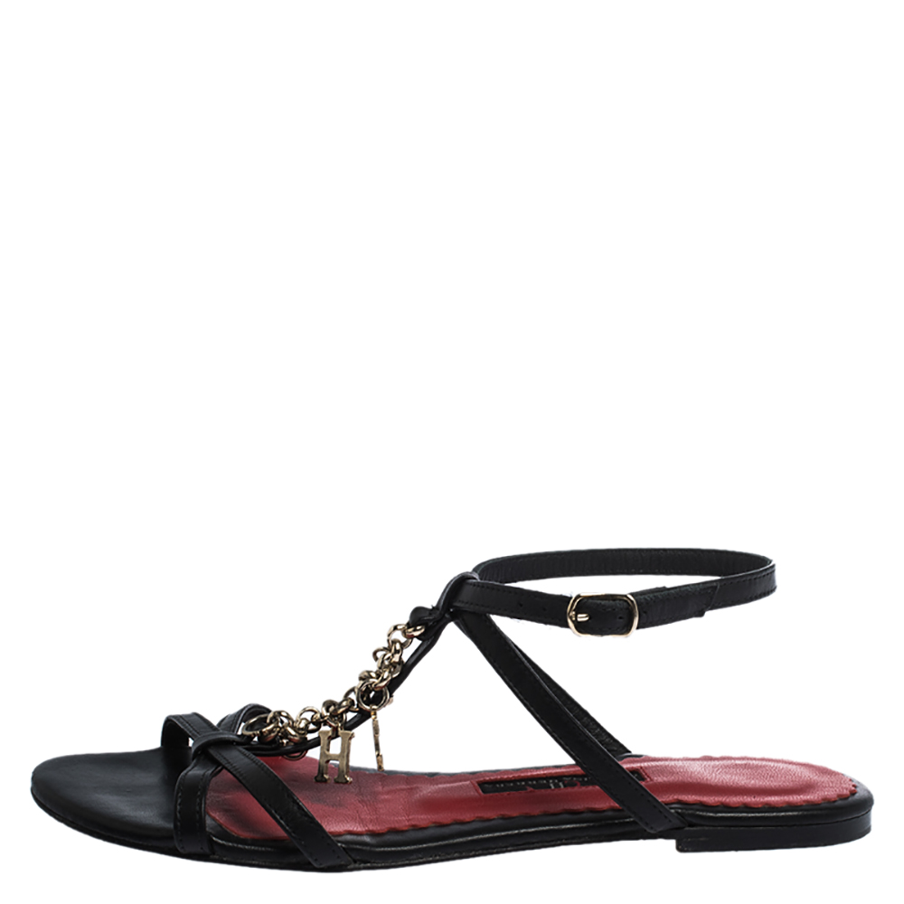 

Carolina Herrera Black Leather Strappy Flat Sandals Size