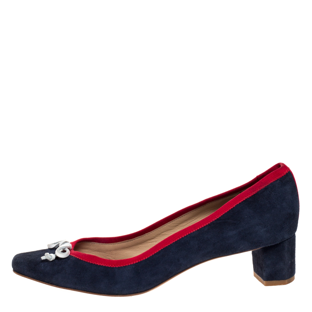 

Carolina Herrera Blue Suede And Red Ribbon Trim Bow Pumps Size