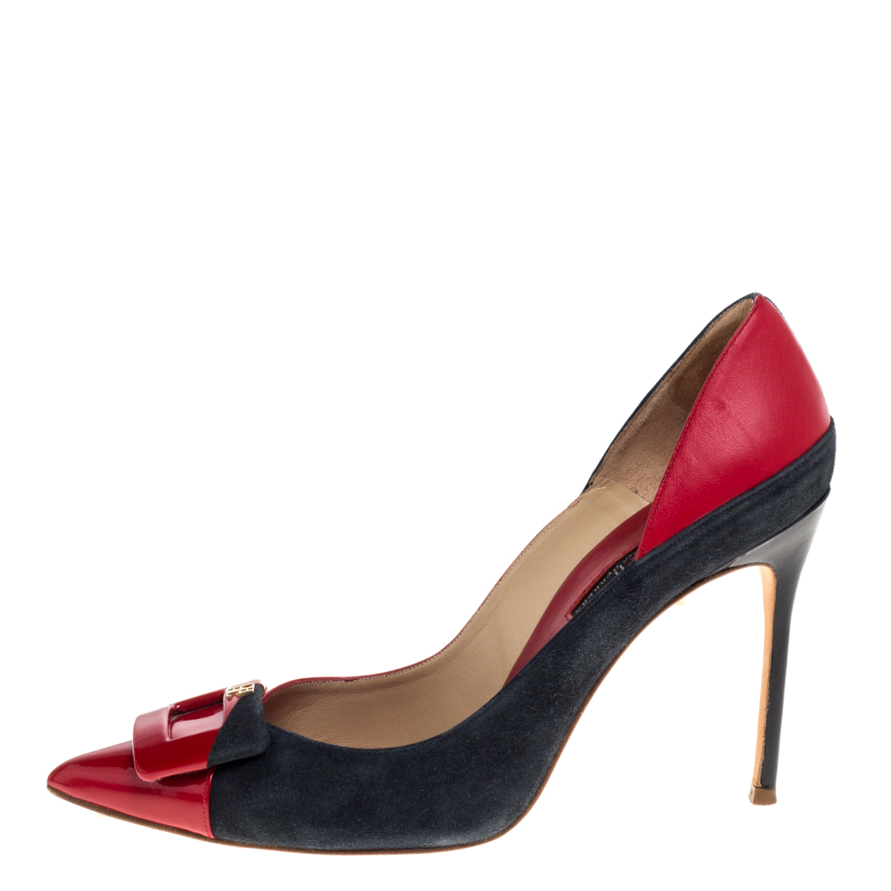 

Carolina Herrera Blue/Red Patent and Suede Pointed Toe Pumps Size