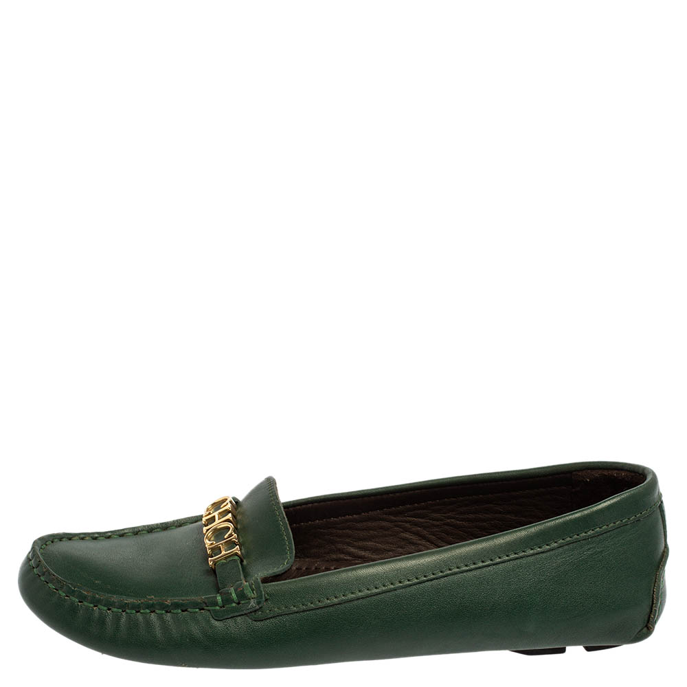 

Carolina Herrera Green Leather Logo Detail Slip On Loafers Size