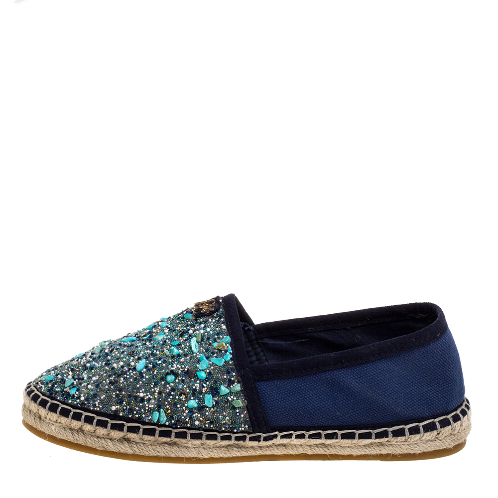 

Carolina Herrera Blue Canvas Embellished Espadrilles Size