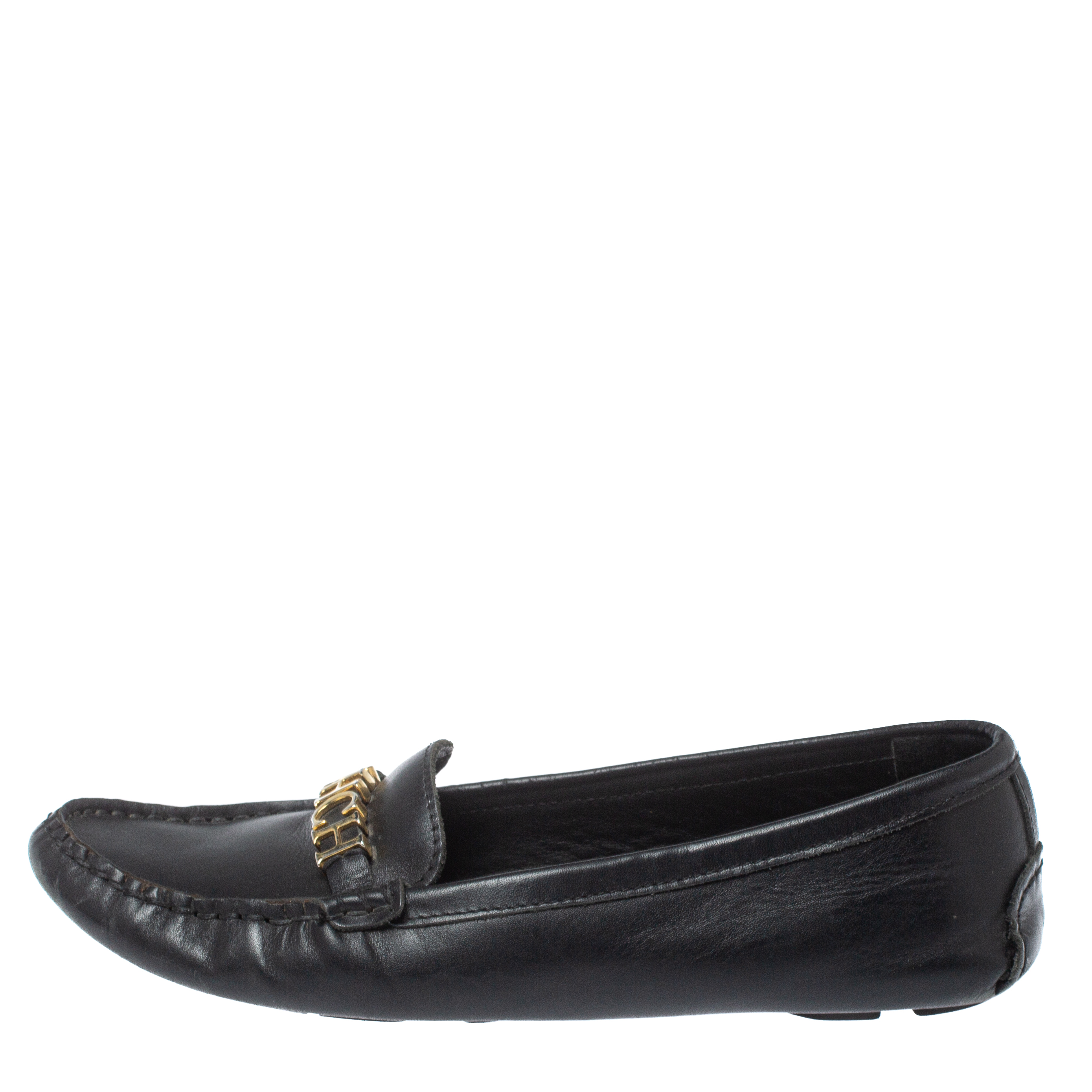 

Carolina Herrera Black Leather Logo Detail Slip On Loafers Size