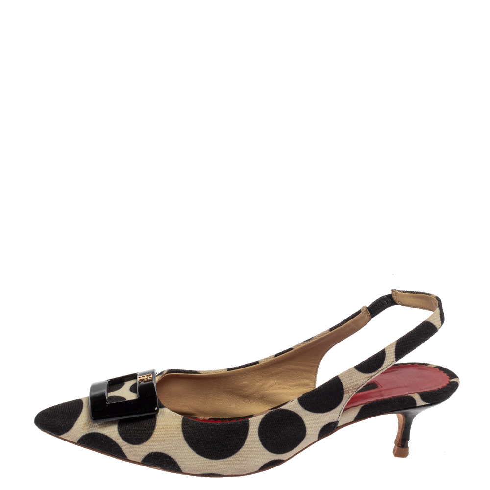 

Carolina Herrera Black /White Canvas And Leather Pointed Toe Slingback Pumps Size