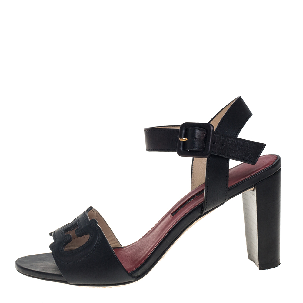 

Carolina Herrera Black Leather Initials Cut Out Ankle Strap Sandals Size