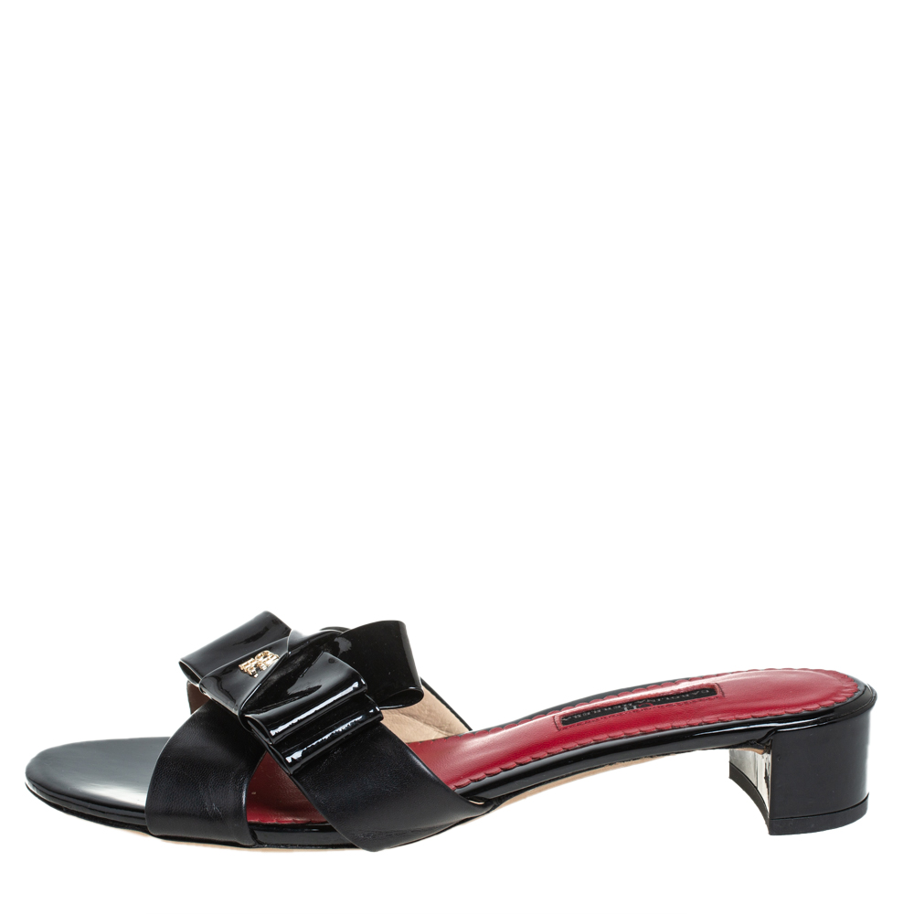 

Carolina Herrera Black Leather and Patent Leather Bow Slide Sandals Size