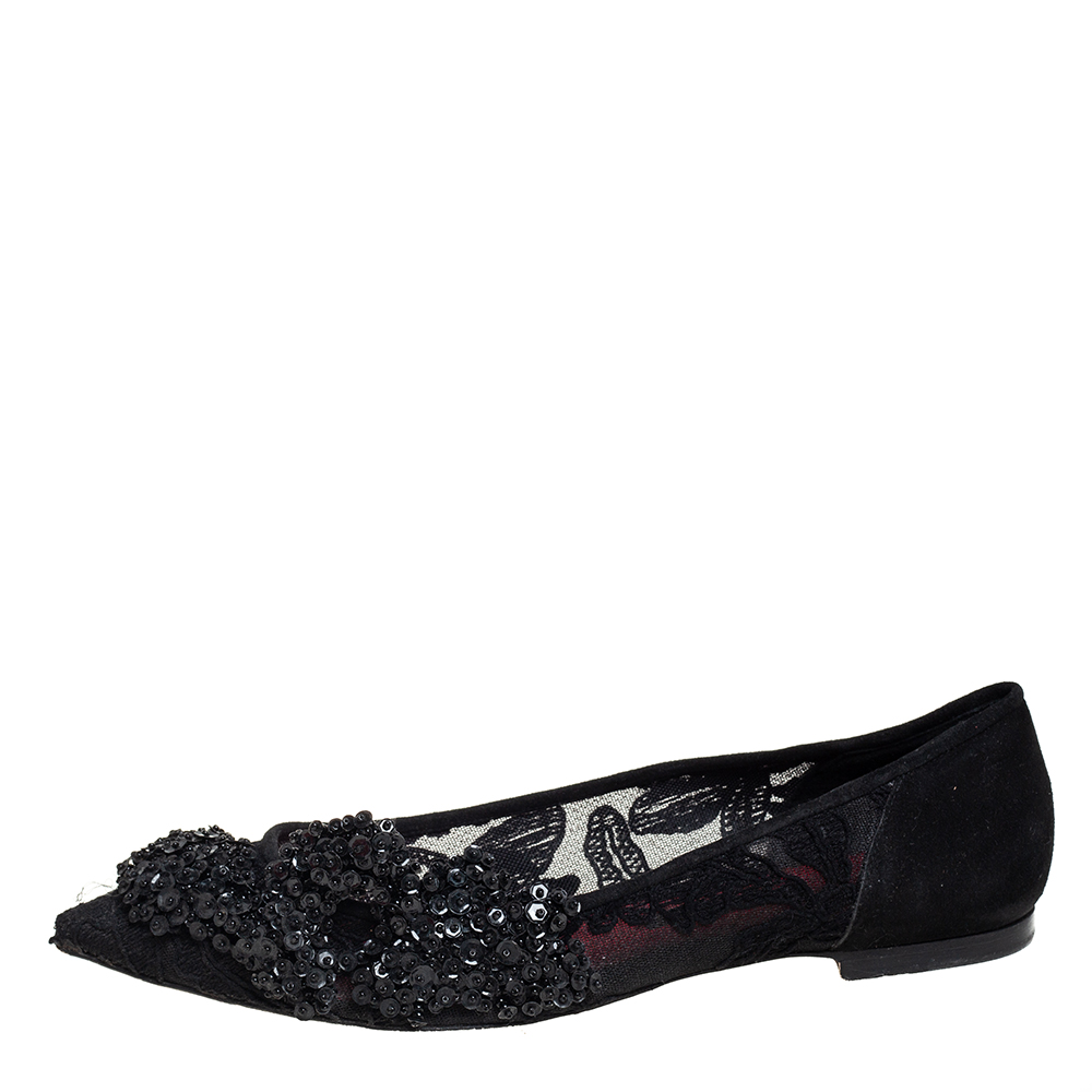 

Carolina Herrera Black Lace And Suede Embellished Ballet Flats Size