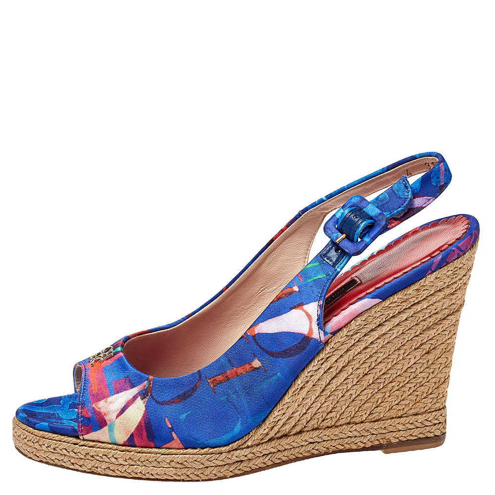 

Carolina Herrera Blue Printed Satin Espadrille Wedge Sandals Size