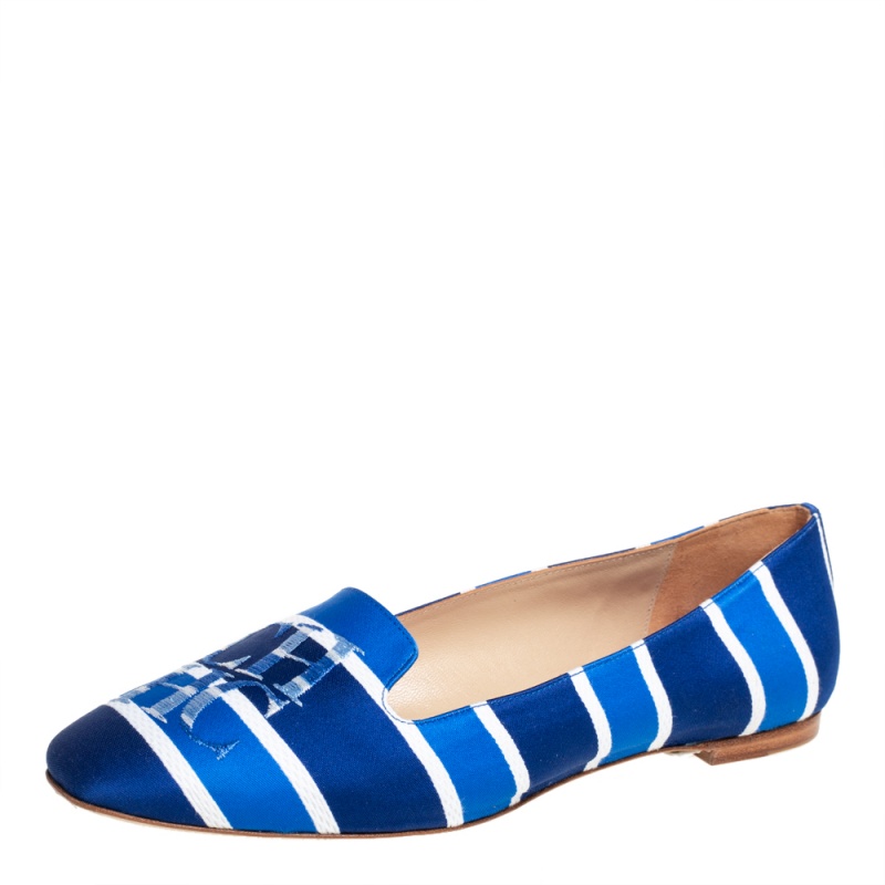 Pre-owned Carolina Herrera Blue/white Stripe Fabric Smoking Slippers Size 40
