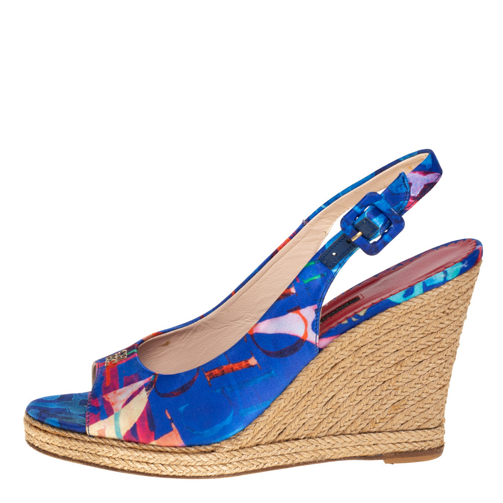 

Carolina Herrera Blue Printed Satin Wedge Espadrille Slingback Sandals Size