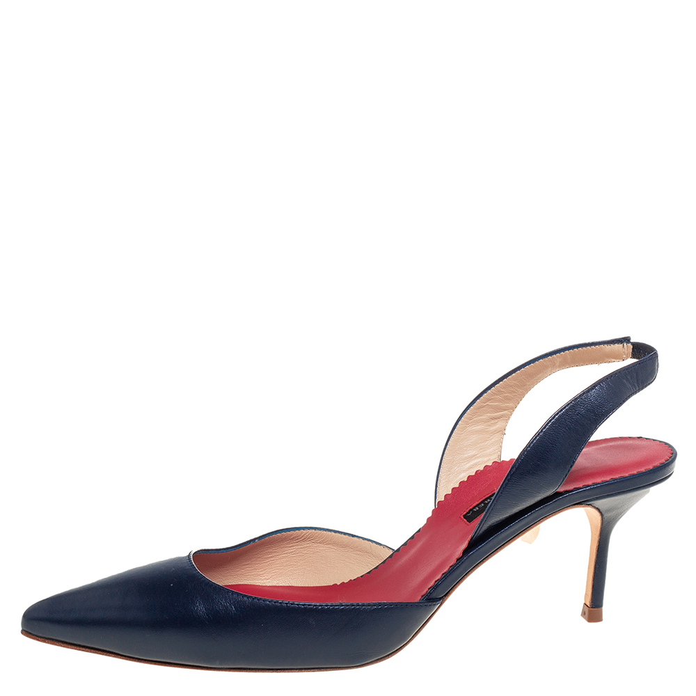 

Carolina Herrera Navy Blue Leather Slingback Pumps Size