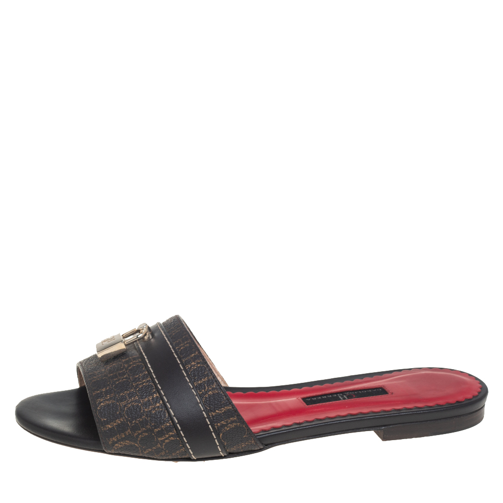 

Carolina Herrera Brown Signature Canvas Lock Flat Slides Size