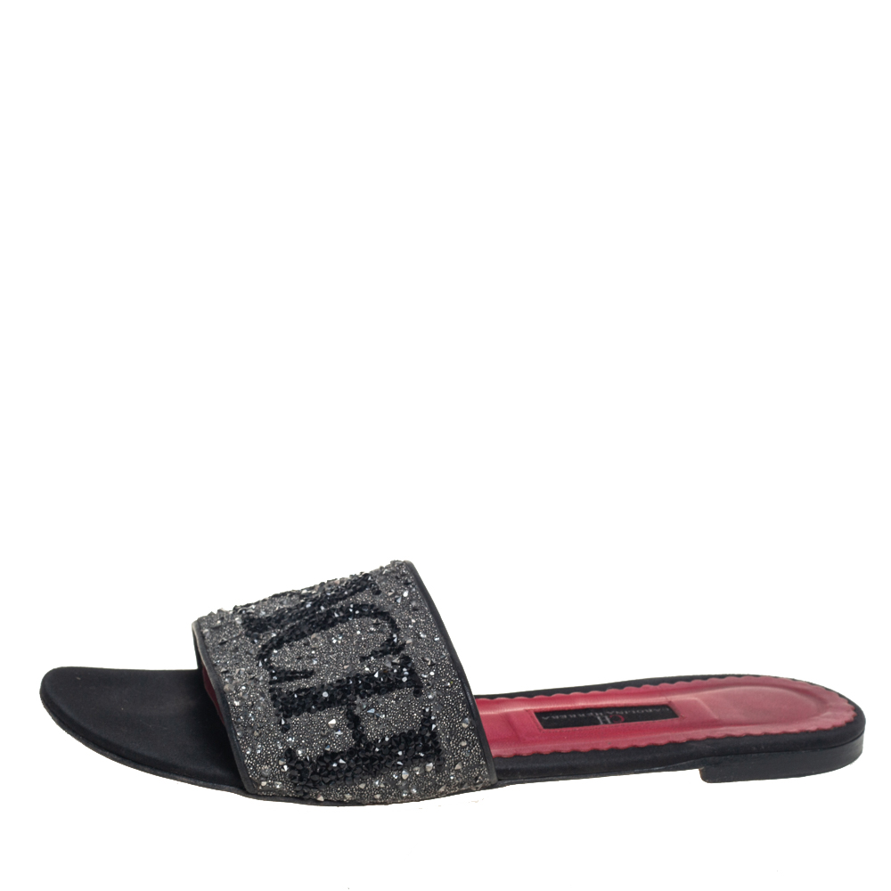 

Carolina Herrera Grey/Black Glitter Crystal Embellished Slides Sandals Size