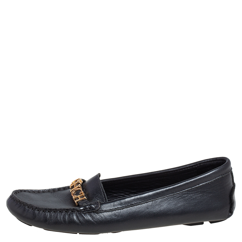 

Carolina Herrera Black Leather Logo Detail Slip On Loafers Size