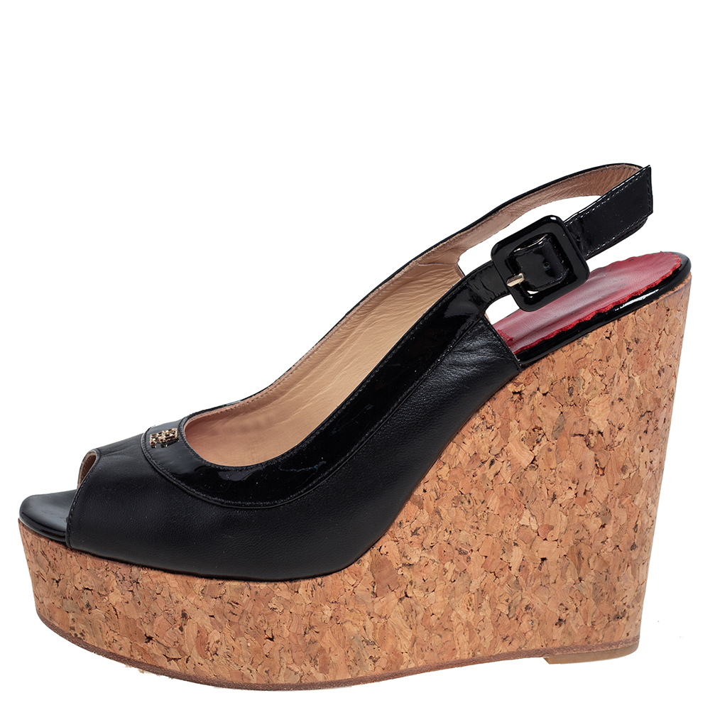 

Carolina Herrera Black Patent And Leather Cork Wedge Platform Peep Toe Slingback Sandals Size