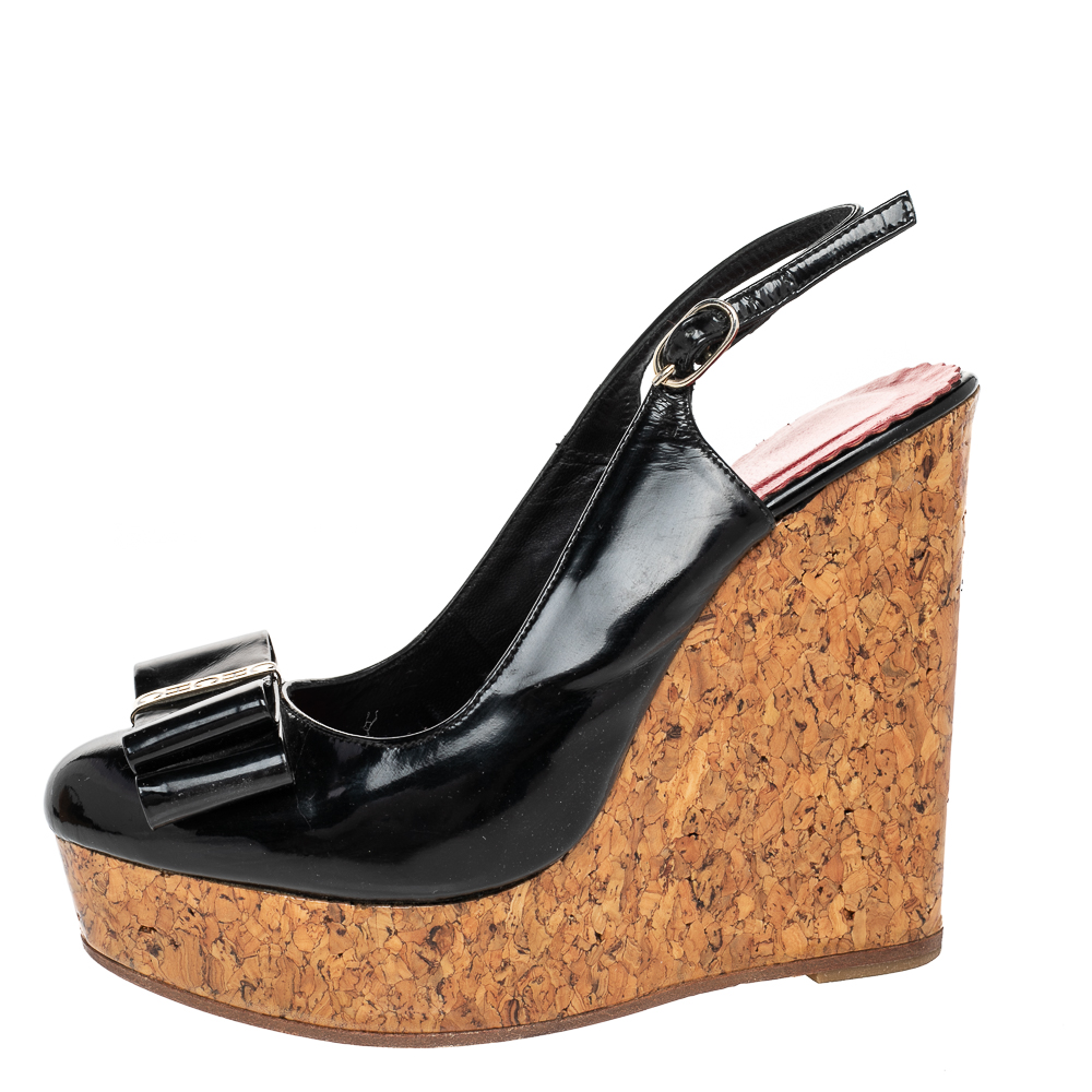 

CH Carolina Herrera Black Patent Leather Cork Wedge Platform Slingback Sandals Size