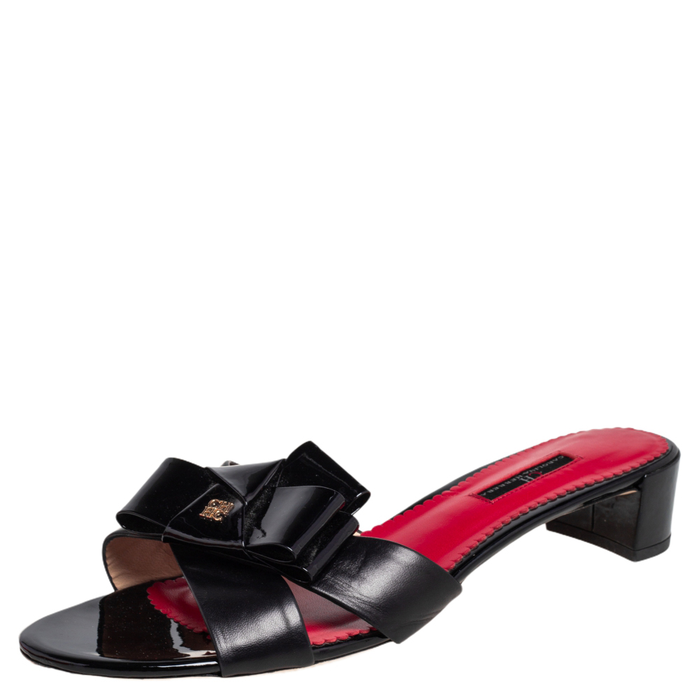 Pre Owned Carolina Herrera Black Patent Leather and Leather Knotted Block Heel Slide Sandals Size 41