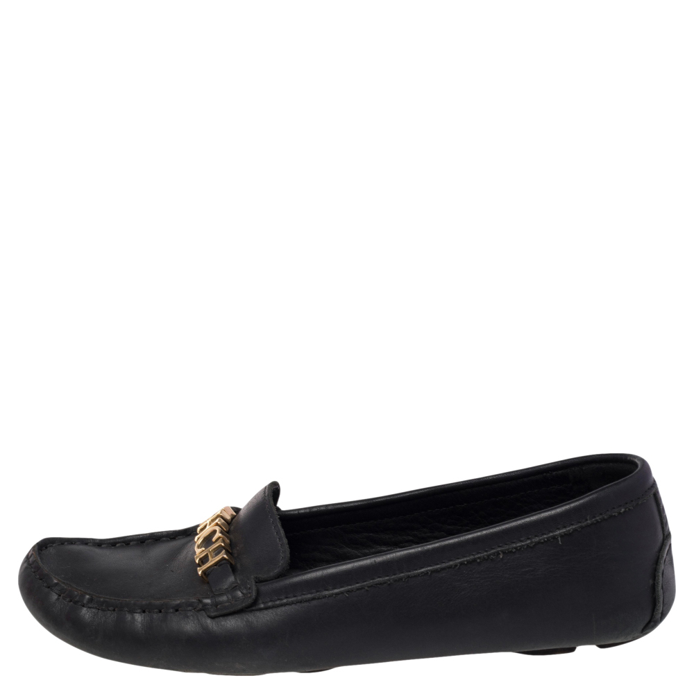 

Carolina Herrera Black Leather Logo Detail Slip On Loafers Size