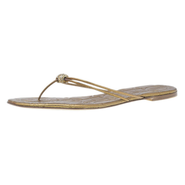 Pre Owned Carolina Herrera Gold Monogram Leather Thong Sandals Size 40