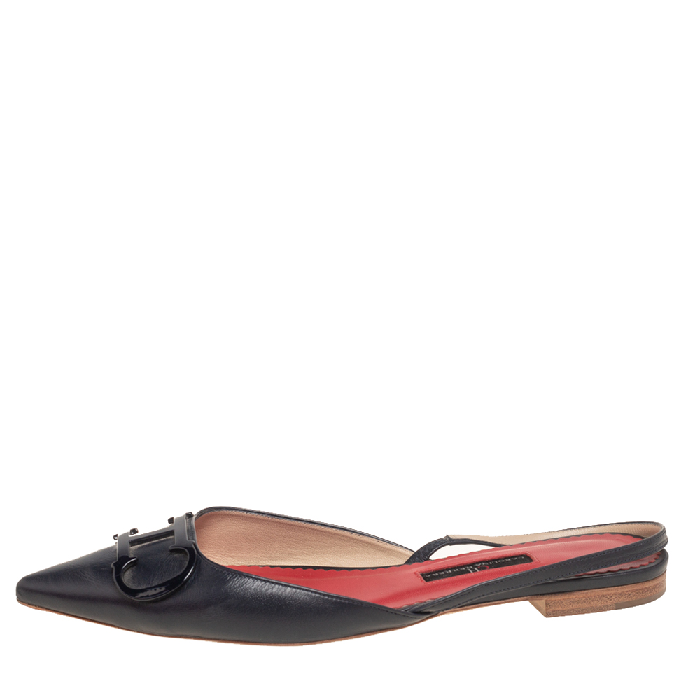 

Carolina Herrera Dark Blue Leather Logo Flat Slingback Flat Size