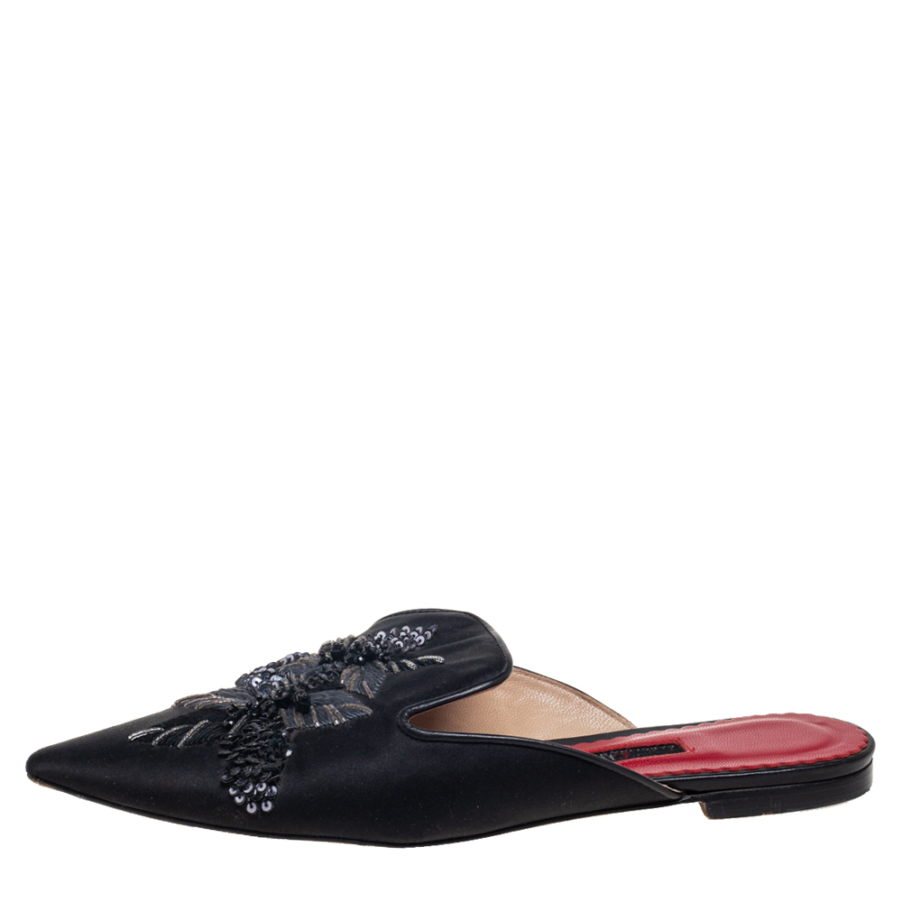 

CH Carolina Herrera Black Satin Embellished Flat Mule Sandals Size