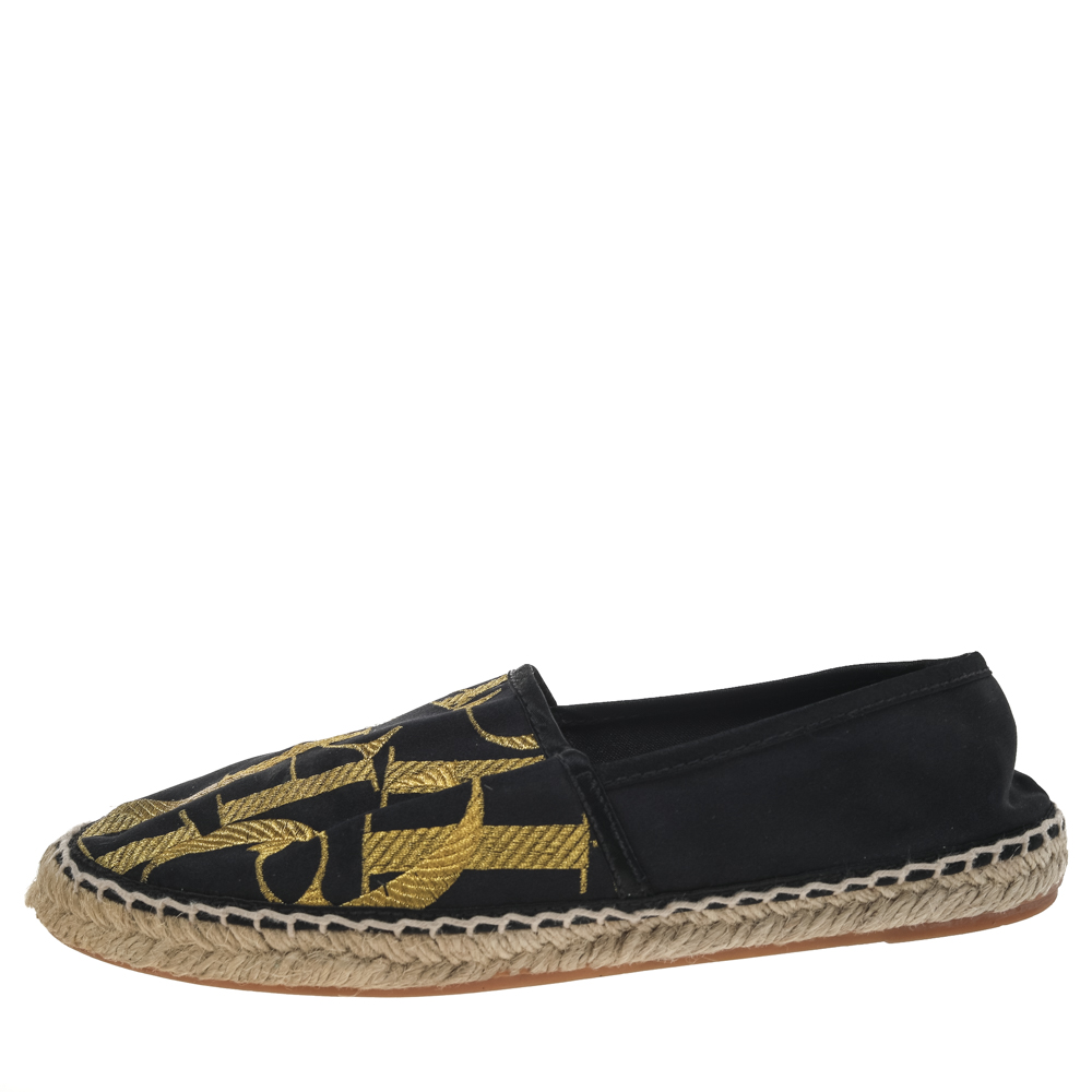 

CH Carolina Herrera Black/Gold Logo Embroidered Satin Espadrille Flats Size