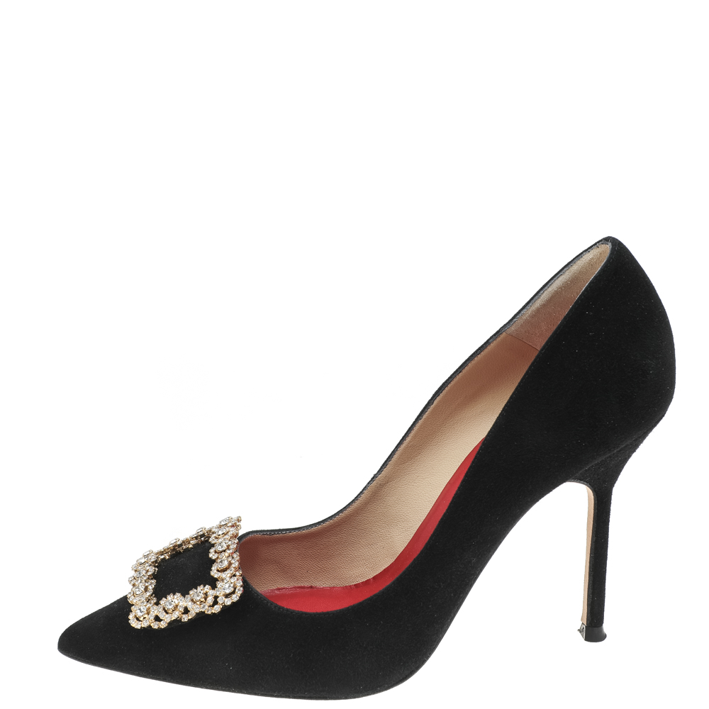 

Carolina Herrera Black Suede Crystal Embellished Pointed Toe Pumps Size