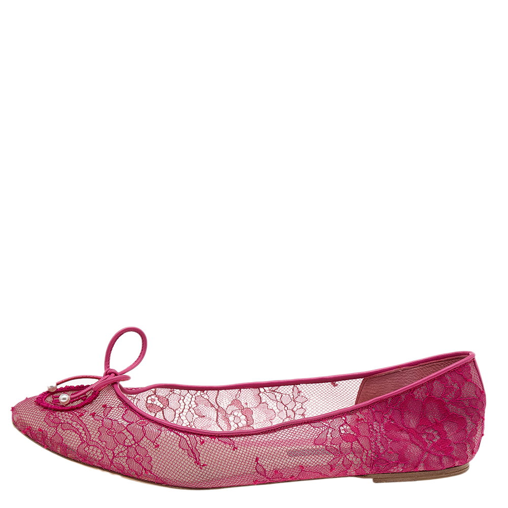 

CH Carolina Herrera Pink Lace And Leather Bow Ballet Flats Size