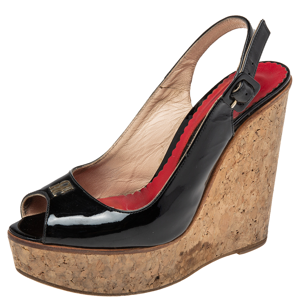 

CH Carolina Herrera Black Patent Leather Peep-Toe Cork Wedge Platform Slingback Sandals Size