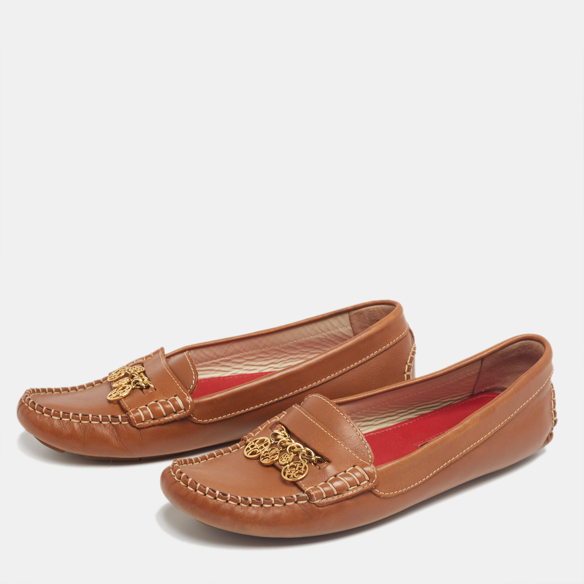 

CH Carolina Herrera Brown Leather Logo Charm Detail Loafers Size