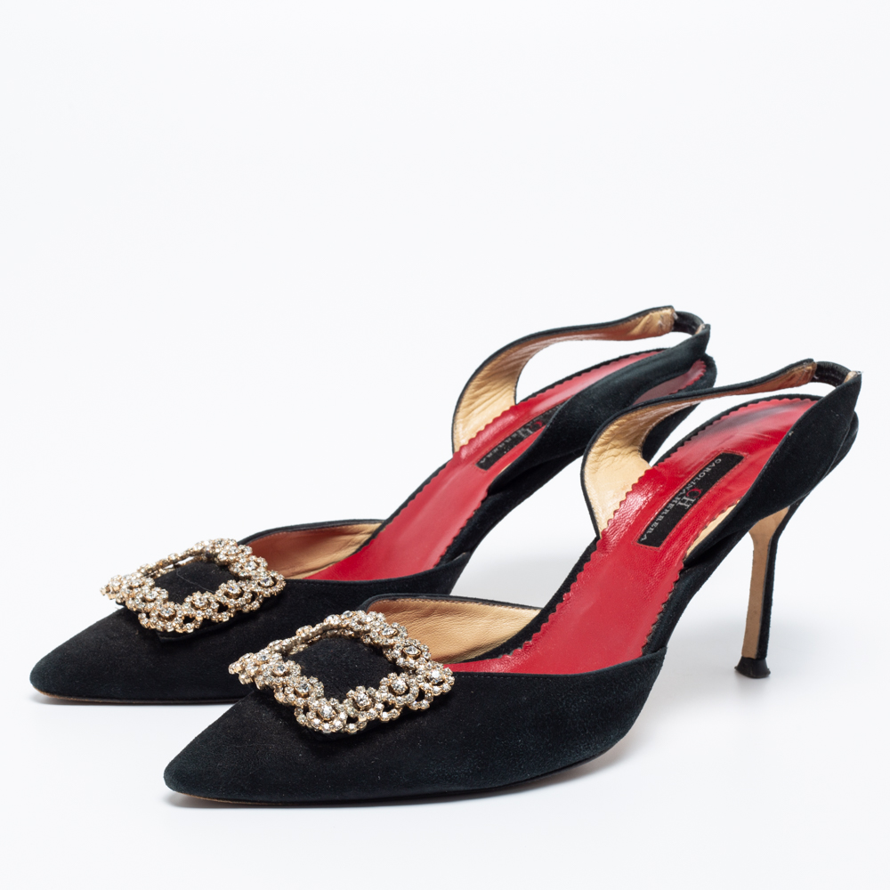 

CH Carolina Herrera Black Suede Crystal Embellished Buckle Slingback Pumps Size