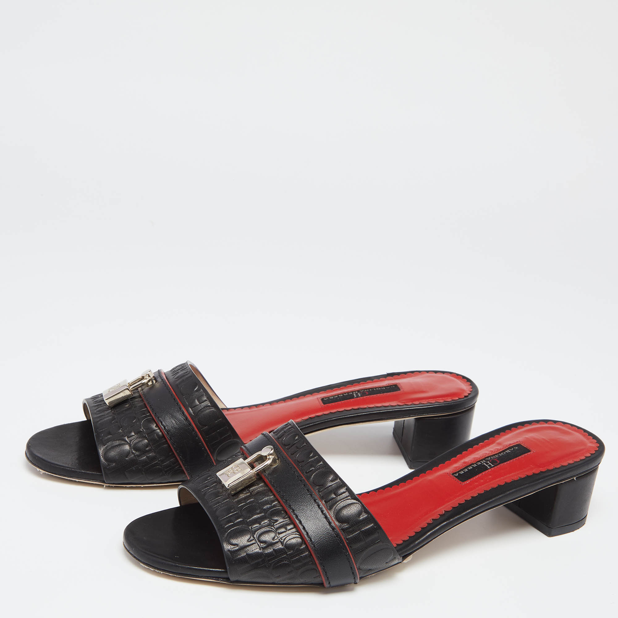 

Carolina Herrera Black Monogram Leather Traveller Locked Slide Sandals Size