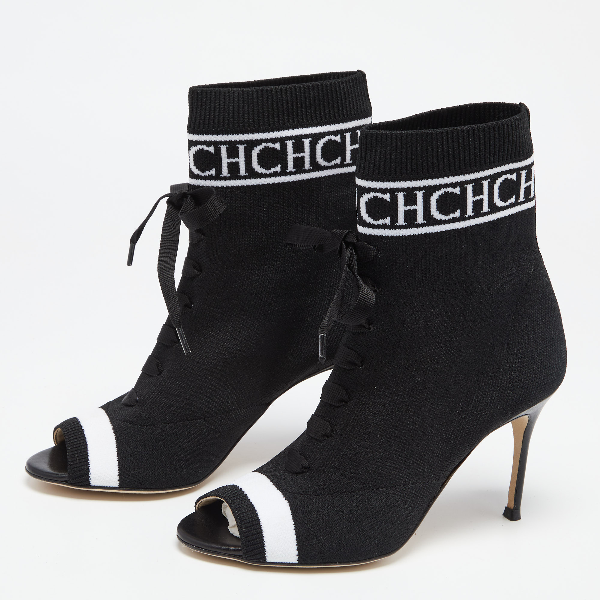 

CH Carolina Herrera Black Knit Fabric Peep Toe Ankle Boots Size