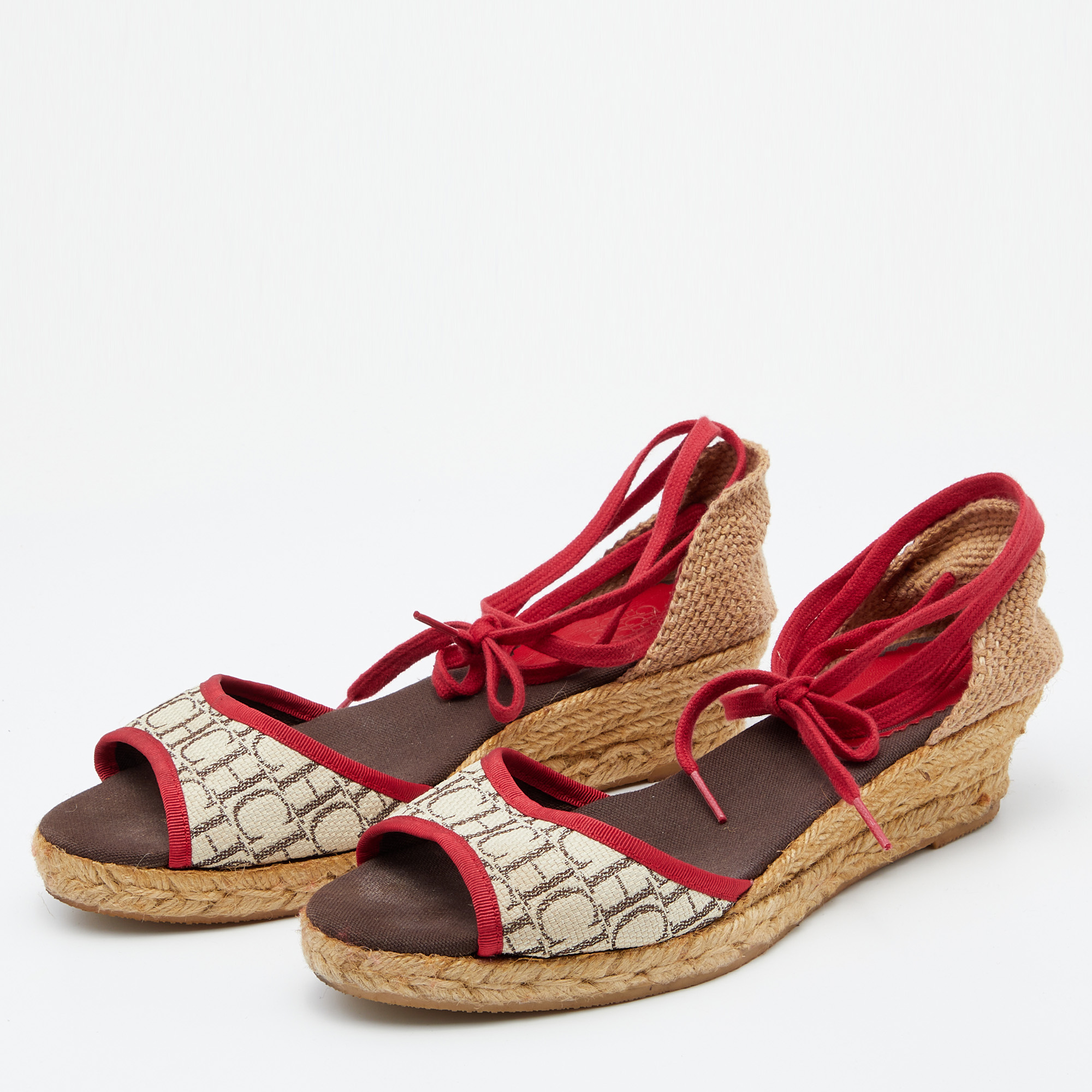 

CH Carolina Herrera Multicolor Monogram Canvas And Jute Espadrille Ankle Wrap Sandals Size