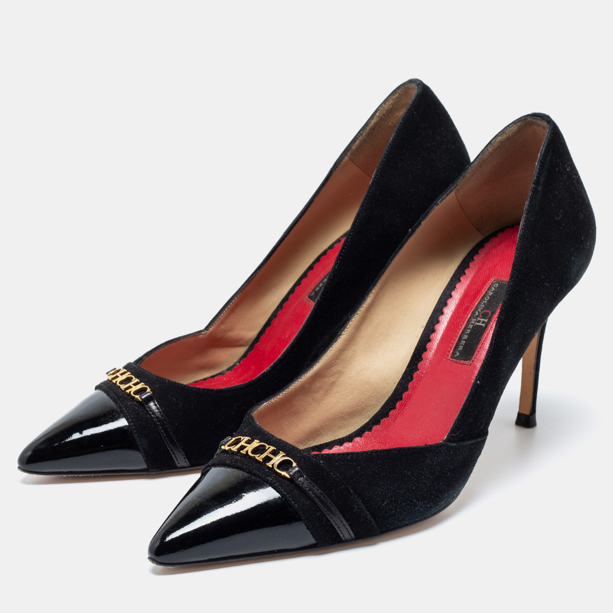 

CH Carolina Herrera Black Suede And Patent Leather Cap Pointed Toe Pumps Size