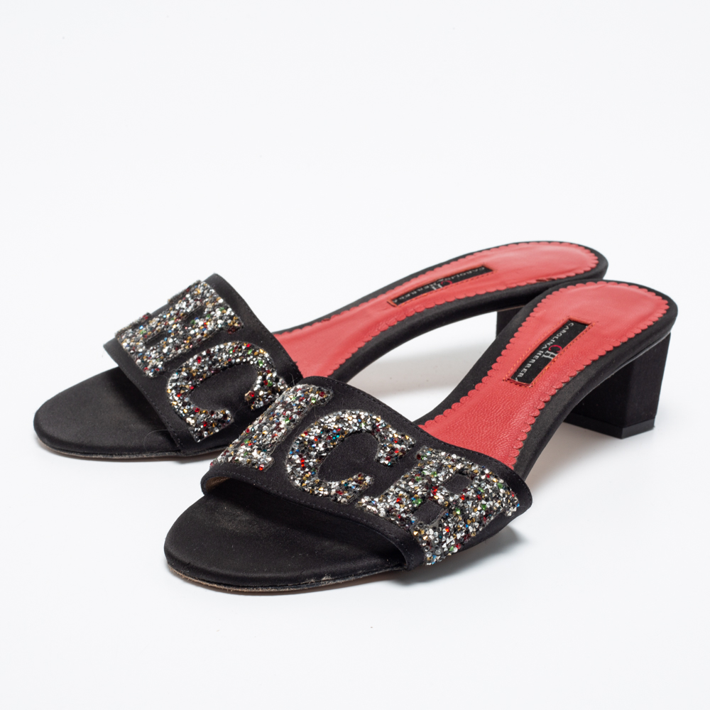 

CH Carolina Herrera Black Satin And Glitter Slide Sandals Size