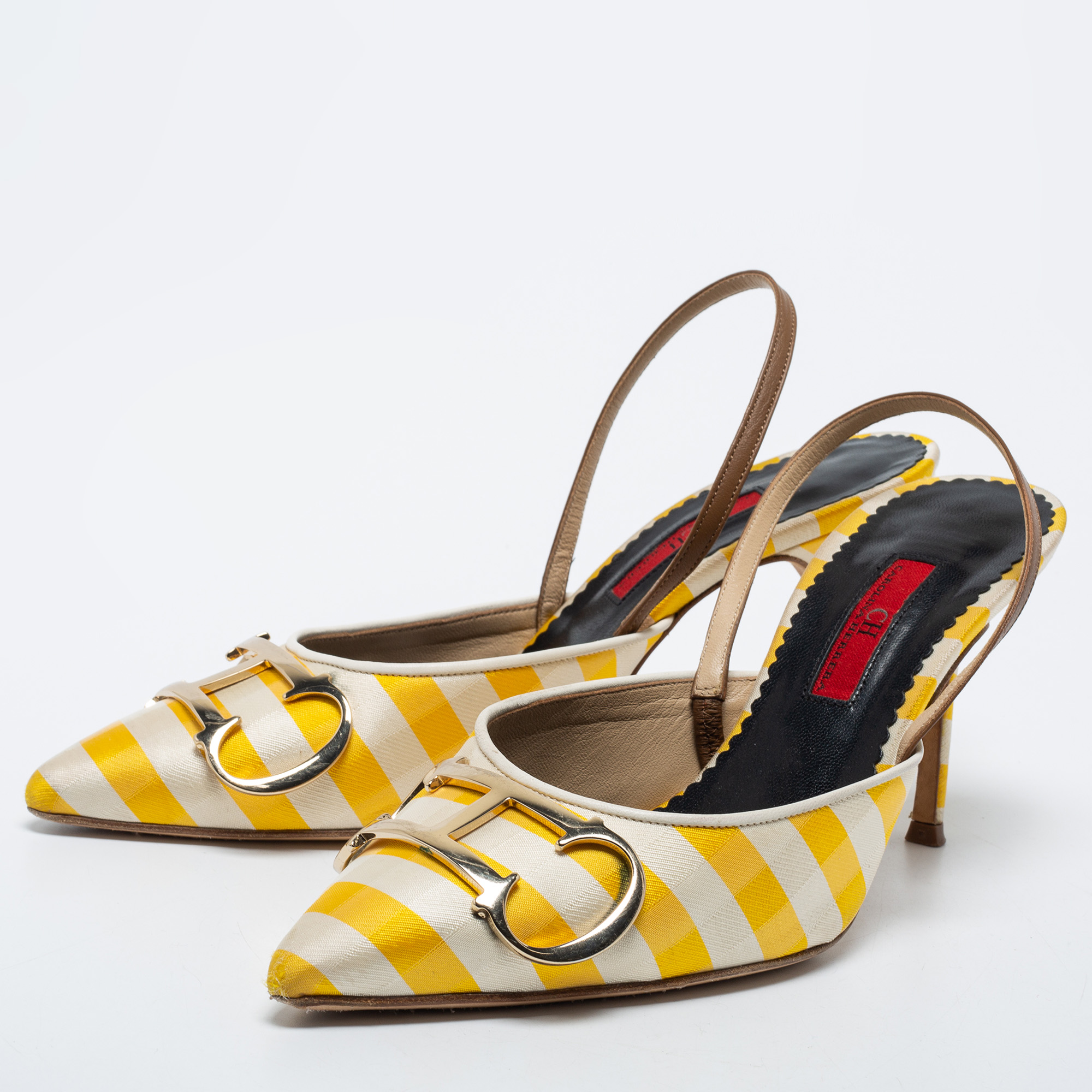 

CH Carolina Herrera White/Yellow Leather And Canvas Logo Slingback Pumps Size