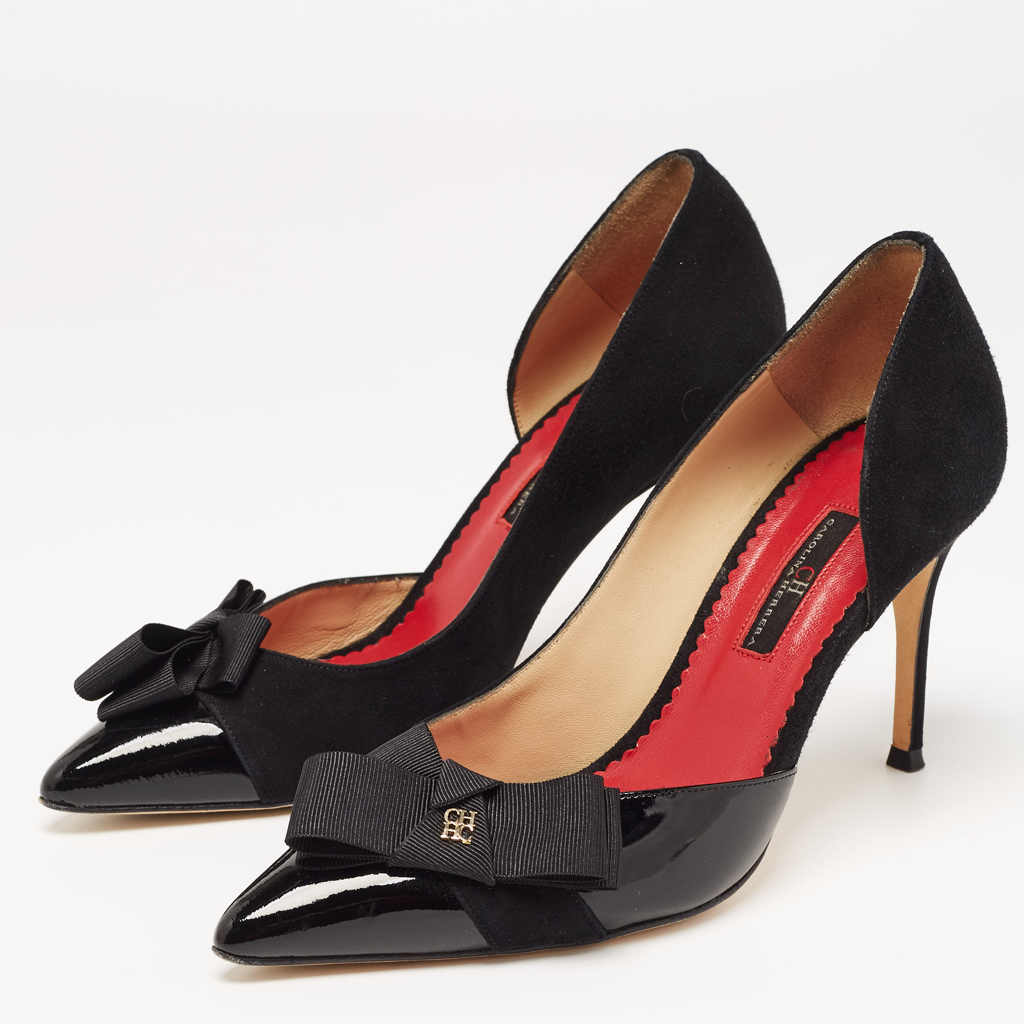 

Carolina Herrera Black Suede and Patent Leather Bow D Orsay Pumps Size