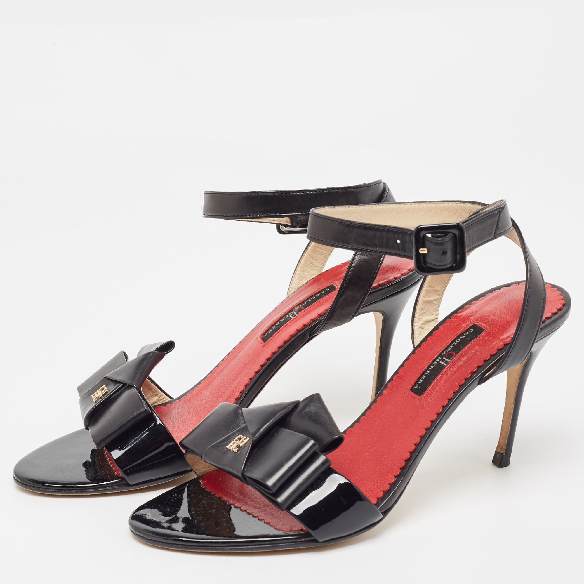 

Carolina Herrera Black/Red Patent and Leather Bow Ankle Strap Sandals Size