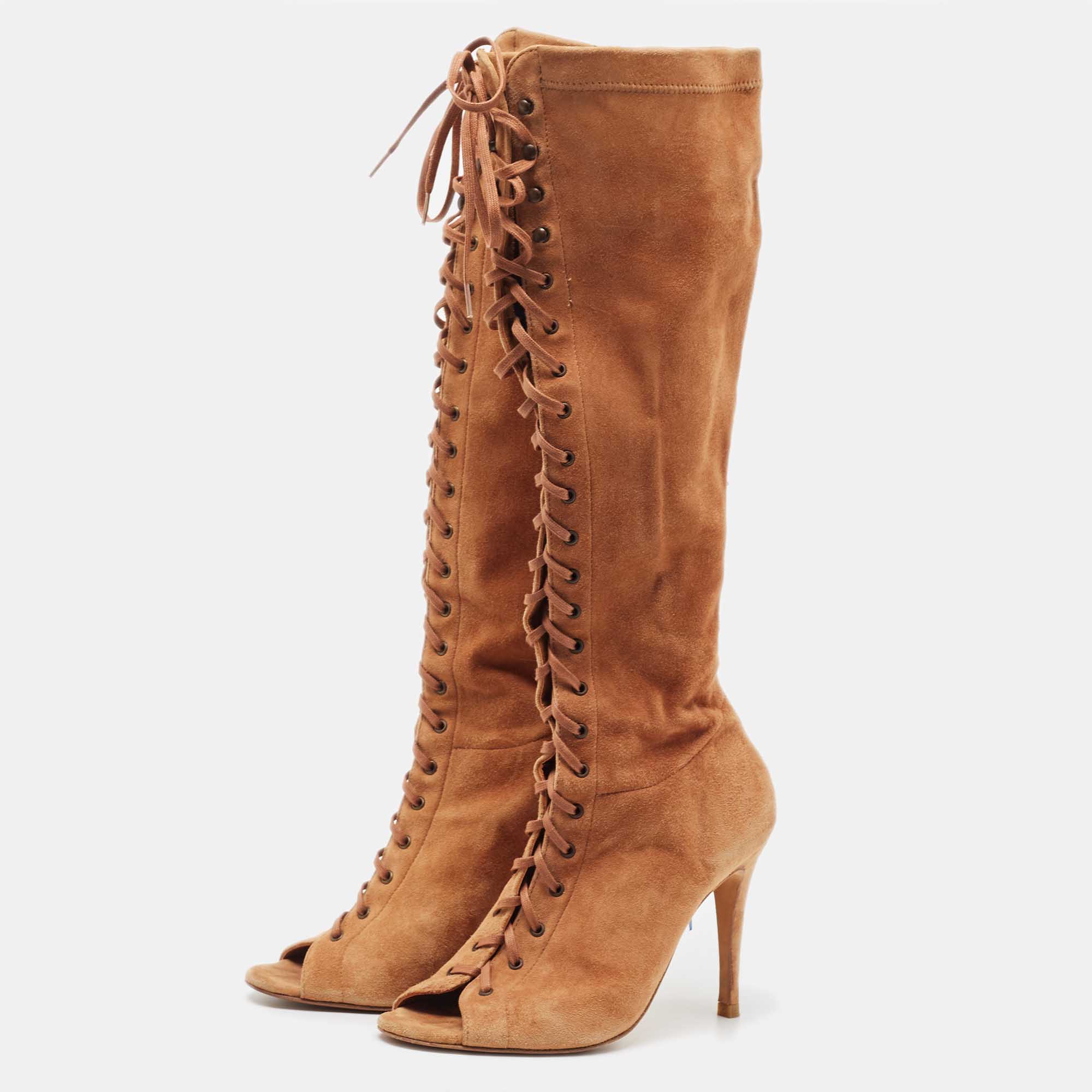 

Carolina Herrera Tan Suede Lace Up Peep Toe Mid Calf Boots Size