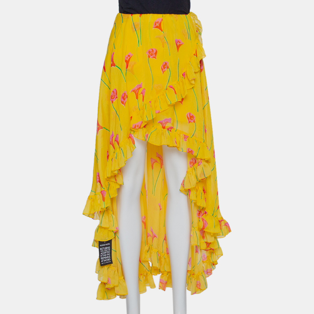 Pre-owned Caroline Constas Yellow Printed Silk Ruffled Asymmetric Hem Adelle Midi Skirt M